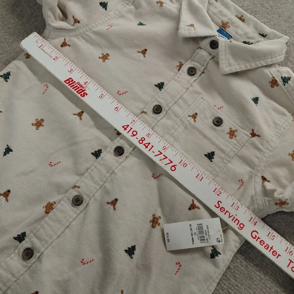 Old Navy Boys 5T Long Sleeve Christmas Print Corduroy Button Shirt Cream NEW